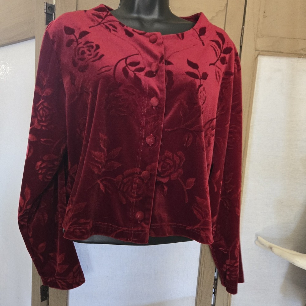 Studio Ease Cowl Neck Top Sz XL Velvety Red Roses Vintage
